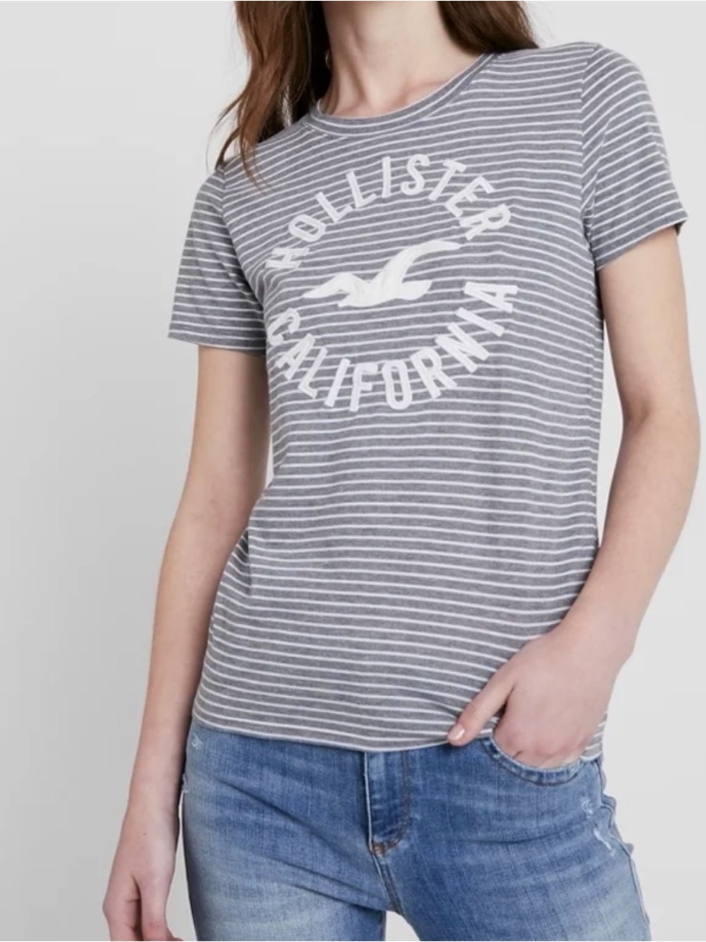 *new* Hollister Gray & White Striped Logo Tee